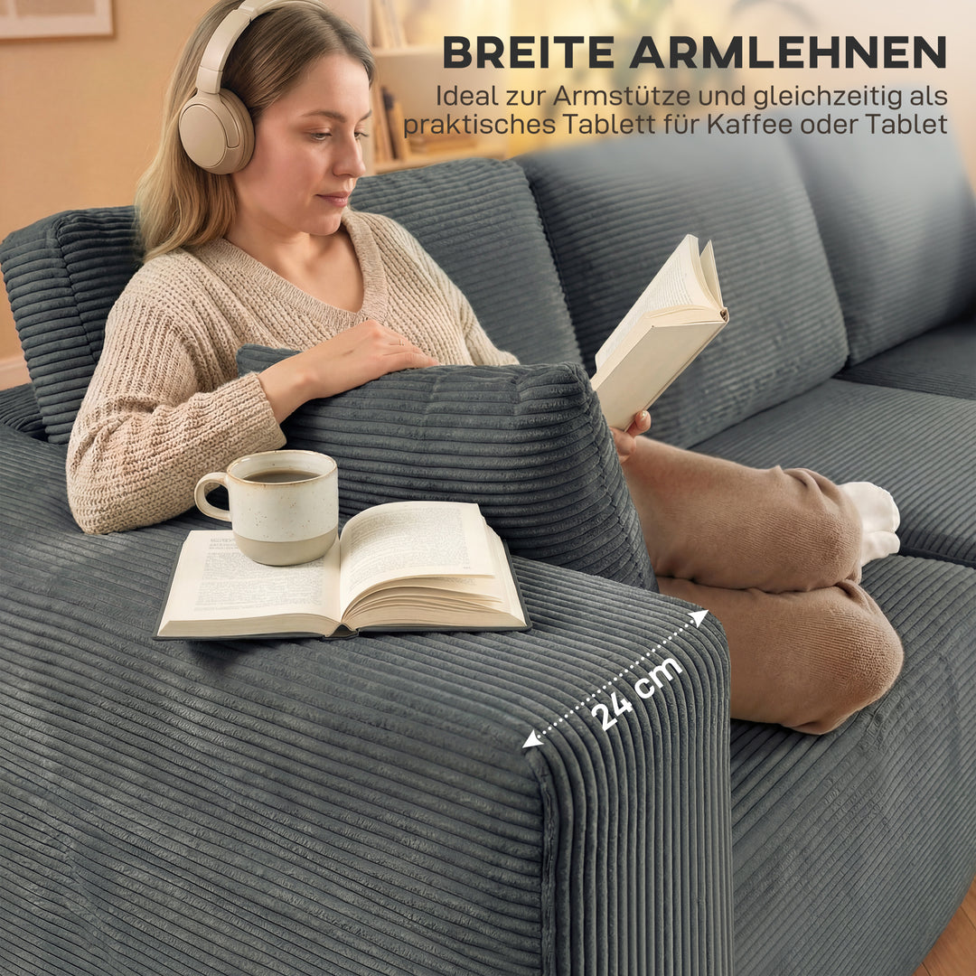 Modulær hjørnesofa, L-formet sovesofa med dybt sæde, brede armlæn, 2 hynder, mørkegrå