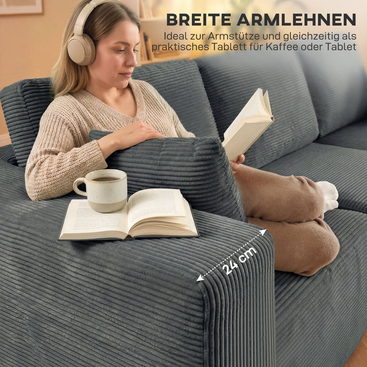 Modulær hjørnesofa, L-formet sovesofa med dybt sæde, brede armlæn, 2 hynder, mørkegrå