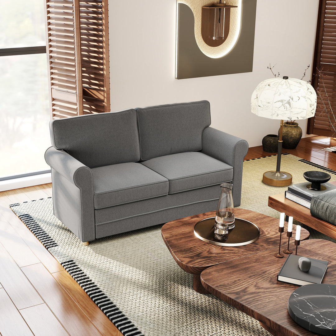 2-Personers sofa, kompakt stuesofa, stof med hørlook, bløde sædehynder, stålstel, mørkegrå