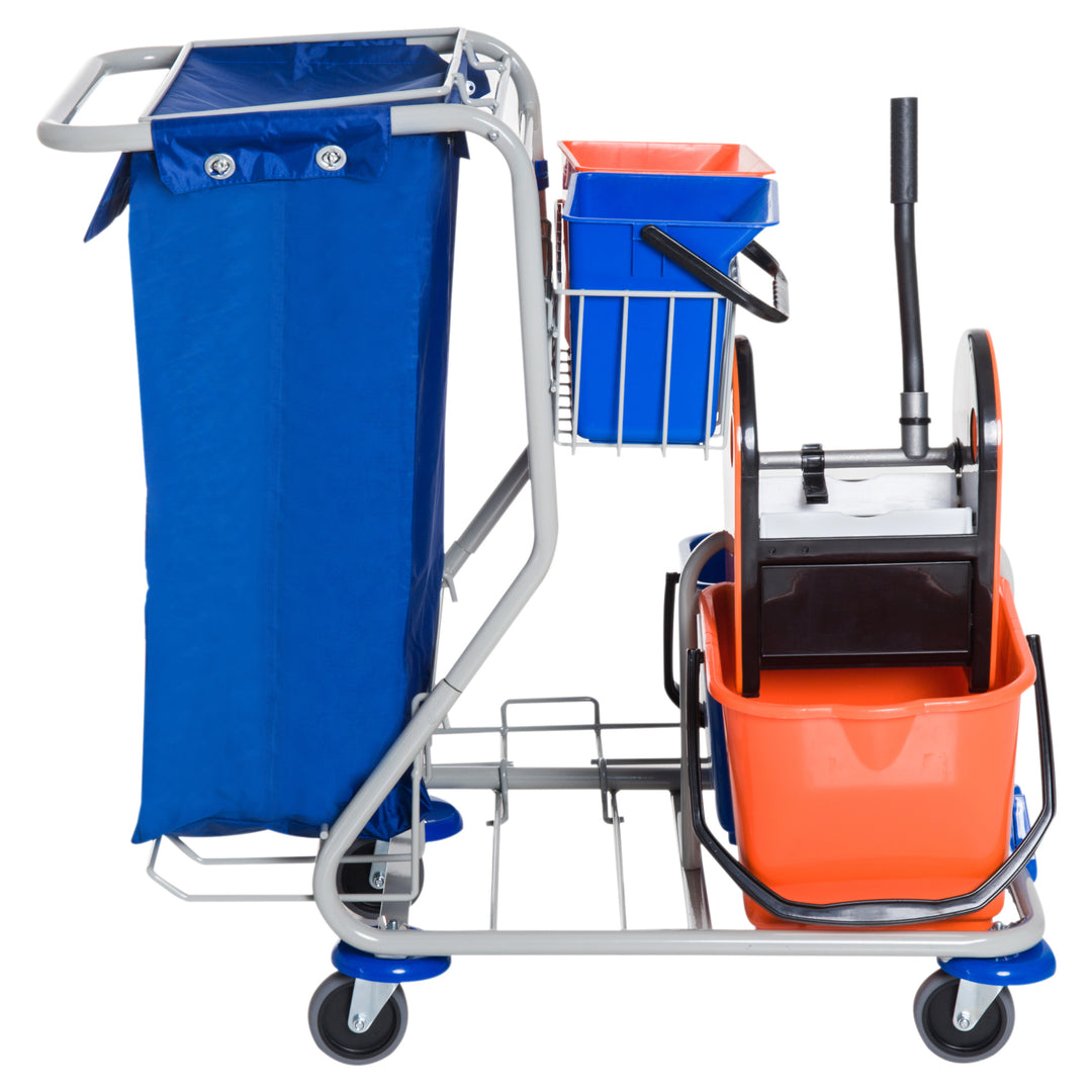 Rengøringsvogn med 2 x 18L og 2 x 6L spande, moppevogn, husholdningsvogn med moppepresse, opbevaringskurv, blå/orange, 93 x 80 x 97 cm