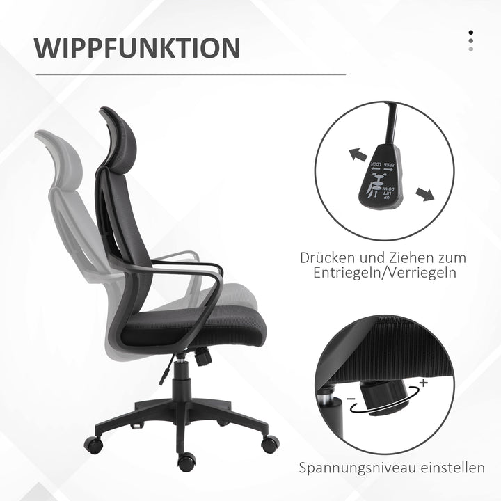 Kontorstol, skrivebordsstol med vippefunktion, højdejusterbar med nakkestøtte, lændestøtte, sort