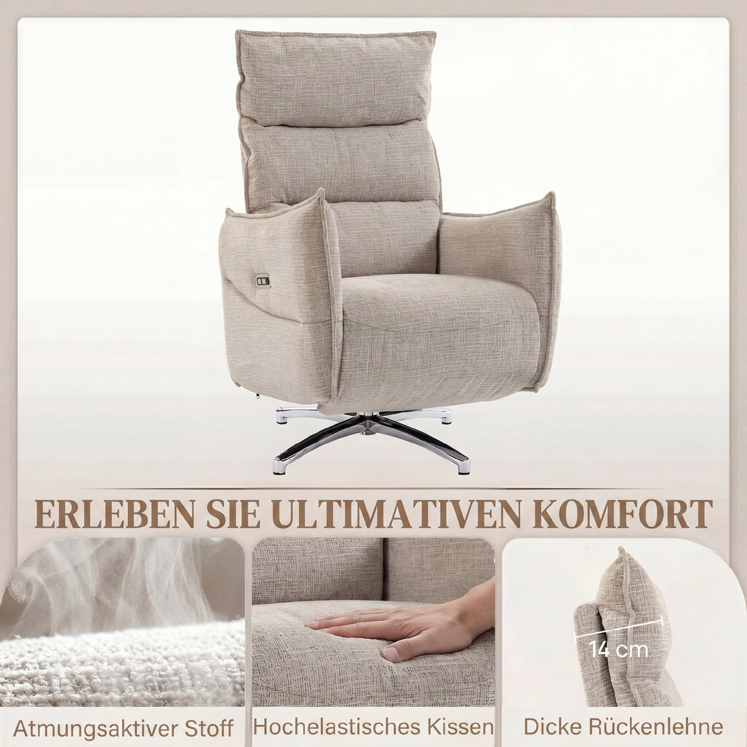 Elektrisk drejelig lænestol til voksne, lænestol med stof i linned-look og opladningsporte, beige