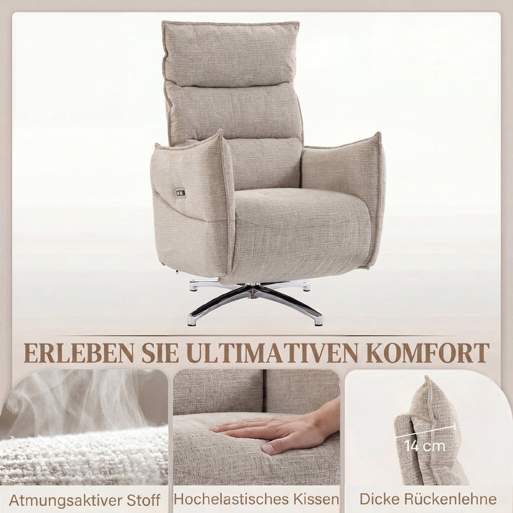 Elektrisk drejelig lænestol til voksne, lænestol med stof i linned-look og opladningsporte, beige