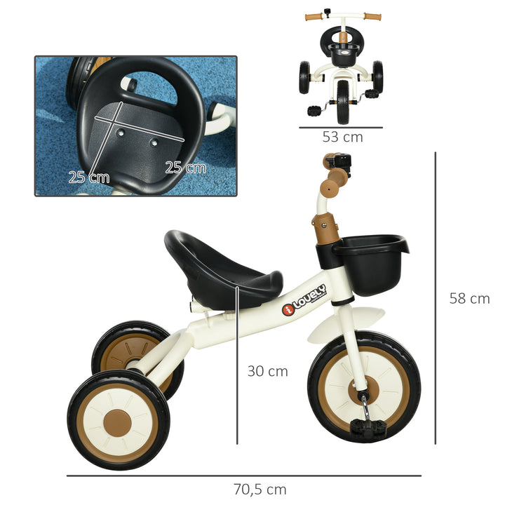Trehjulet cykel til børn 2-5 år, højdejusterbart sæde, ringeklokke, cykelkurv, metalstel, hvid