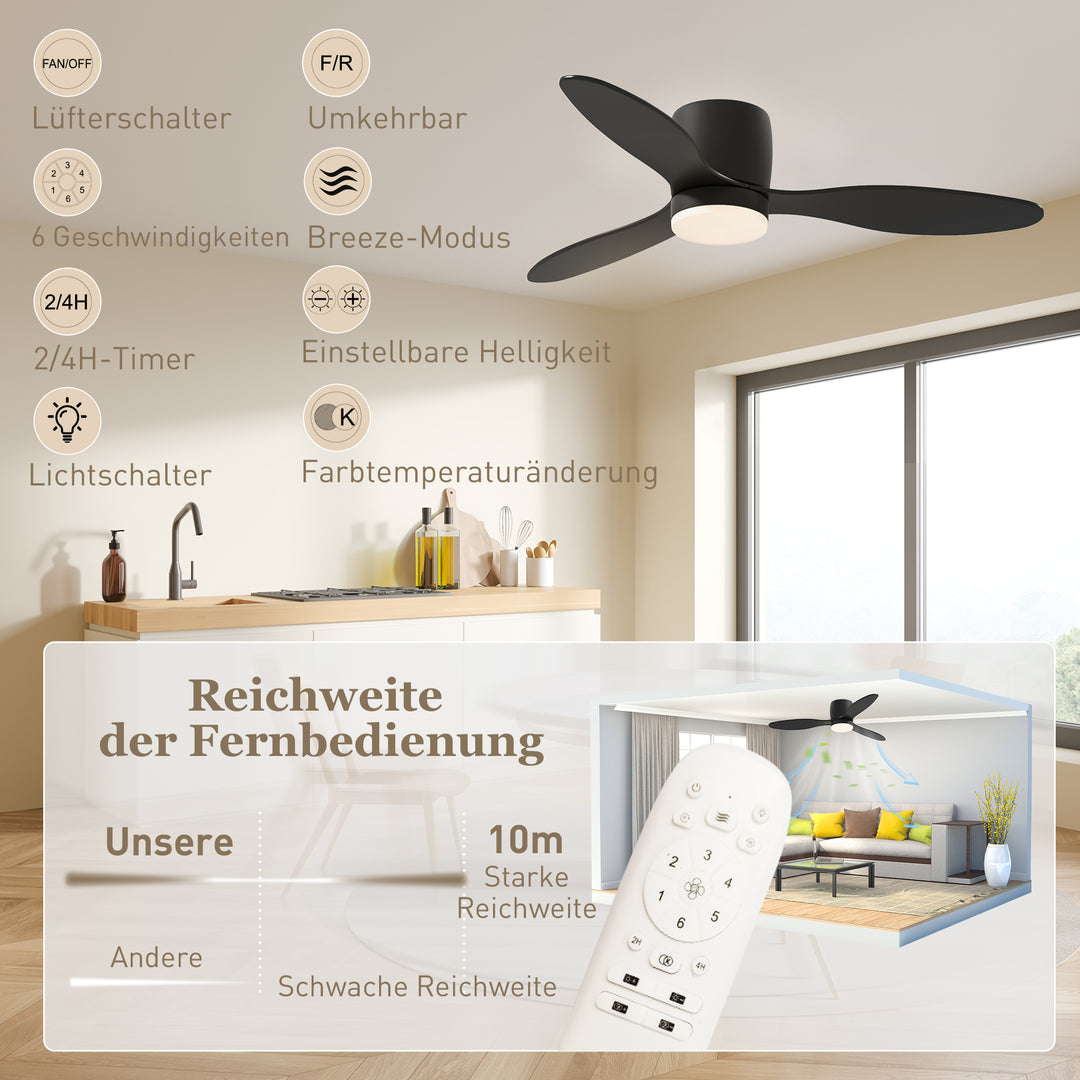 Loftsventilator med lampe og fjernbetjening, 3 lysfarver, 6 hastigheder, justerbar lysstyrke, sort