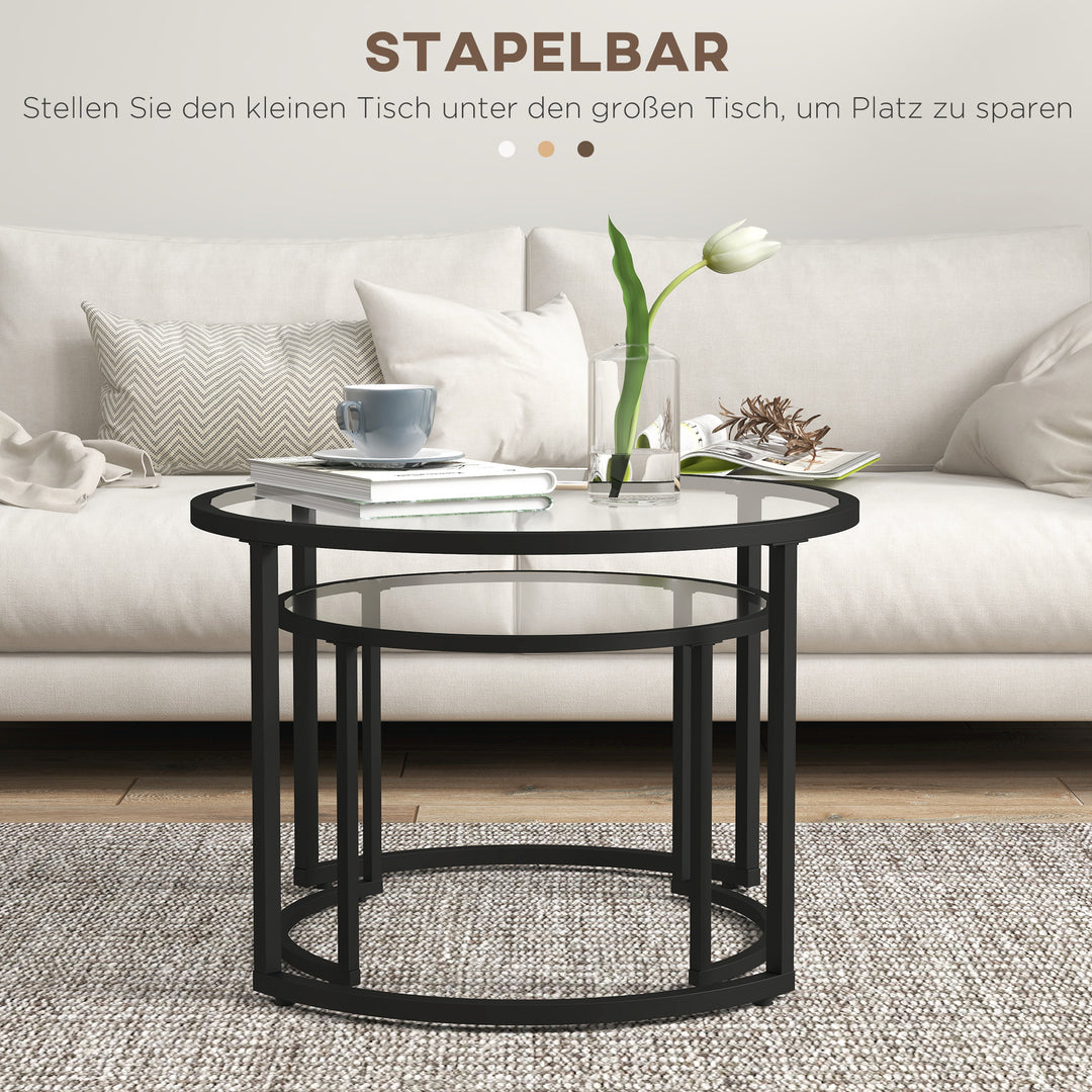 Sæt med 2 sideborde sofaborde industridesign, glasborde, stabelbare, sort + transparent