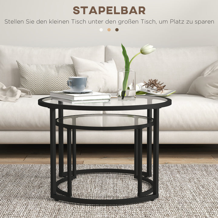 Sæt med 2 sideborde sofaborde industridesign, glasborde, stabelbare, sort + transparent