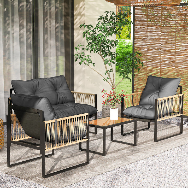 Havemøbelsæt, 4 dele, sofa, 2 stole, bord med glasplade, metalstel, polyrattan, antracit