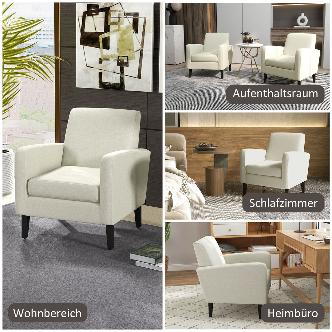 Enkelt lænestol, lænestol, polstret lænestol med træfødder, stof med linnedlook, 66 x 72 x 74 cm, cremehvid