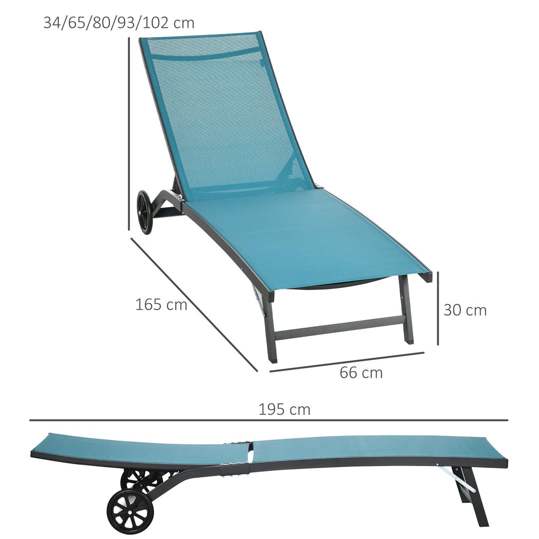 Solseng, justerbar ryglæn med 5 positioner, åndbart stof, aluminiumsstel, blå, 195 x 66 x 34 cm