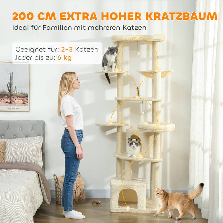 2 meter højt kradsetræ, stort til 2-3 katte, kradsetræer, huler, hængekøje, skjulesteder, design i flere niveauer, sisal, træ, plys, beige