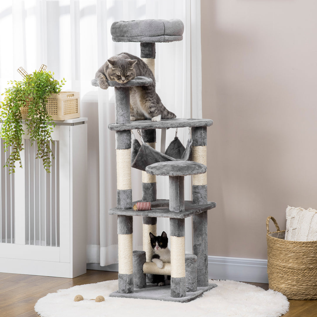 Kradsetræ til katte, legetårn til katte, klatretræ til katte, kradsetræ til hængekøje, grå l40 x b40 x h132 cm