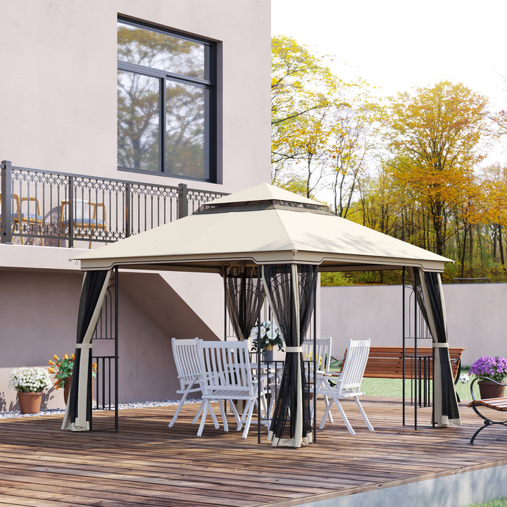 Havepavillon med dobbelttag, pavillon, havetelt, partytelt med 4 sidevægge, metal+polyester, beige, 2,99 x 2,99 x 2,74 m