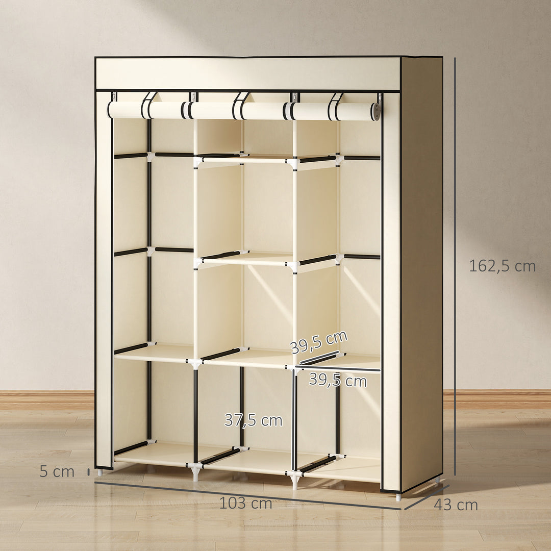 Stofgarderobe, opbevaringsløsning, 8 hylder, 2 tøjstativer, cremehvid
