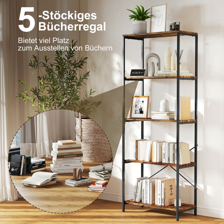 Bogreol, 5 hylder, metal, melaminoverflade, brun