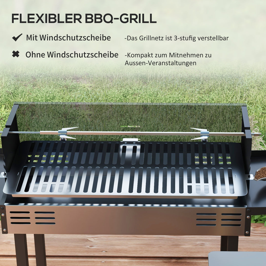 Kulgrill, justerbar grillrist, 1 rotisseriespyd, 118 x 32 x 90 cm, sort + sølv
