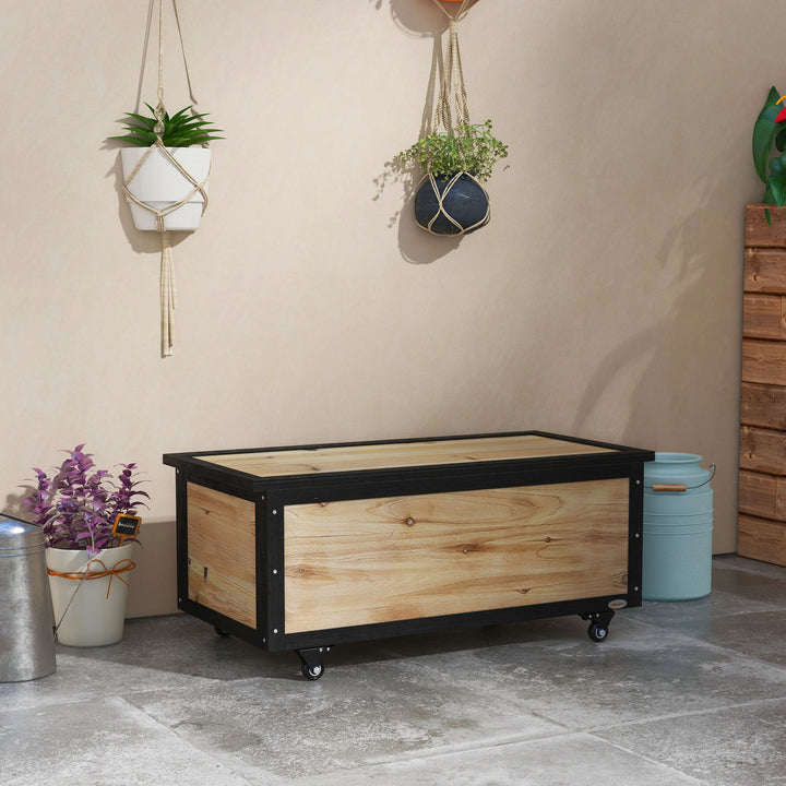 Haveopbevaringskasse, 121 liter, 2 hjul, vejrbestandig, metalhængsler, naturtræ, 100x50x43 cm