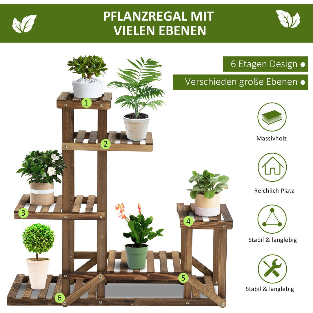 Blomsterstativ, plantehylde, 6 etager, fire-etagers blomsterreol, blomsterstige, massivt træ, forkullet, 98 x 28 x 96,5 cm