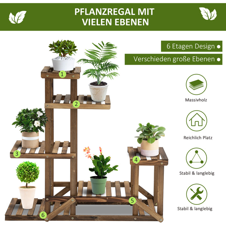 Blomsterstativ, plantehylde, 6 etager, fire-etagers blomsterreol, blomsterstige, massivt træ, forkullet, 98 x 28 x 96,5 cm