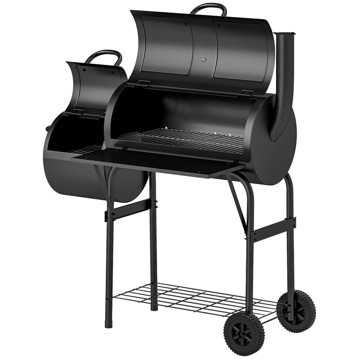 Kulgrill af stål bbq-ryger med låg, termometer, hjul, lufttilførsel og kulbakke