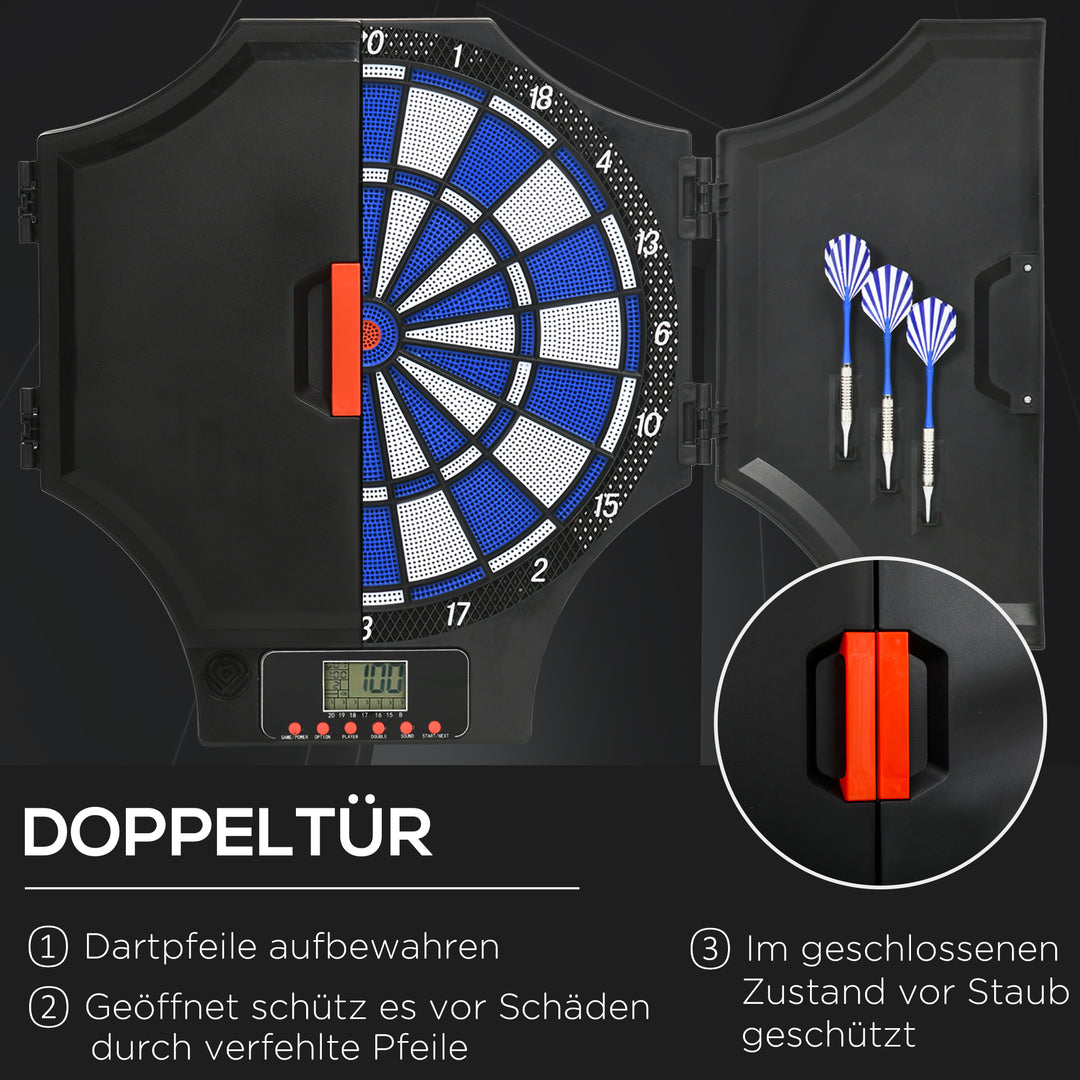 Elektronisk dartskive, 31 spil og 285 programmer, til 8 spillere, 2 døre, 6 dart, lyd, sort, 83 x 45 x 4 cm