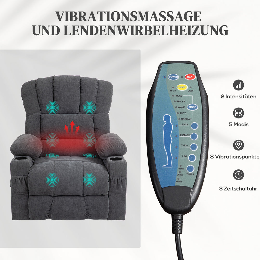 Elektrisk power lift-lænestol med massage- og varmefunktion, usb-porte, kopholdere, mørkegrå