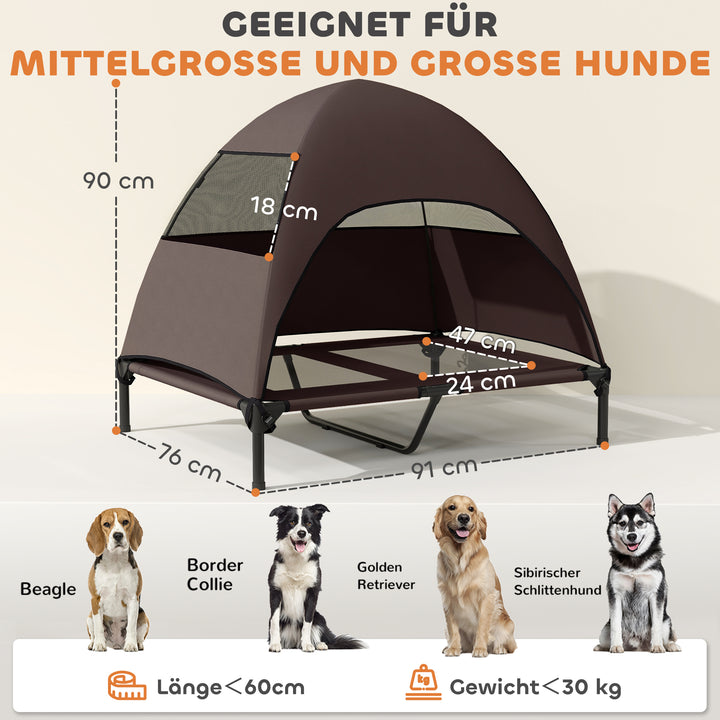Udendørs hundeseng med tag, hævet hundeseng til store hunde, 91 x 76 x 90 cm, kaffe