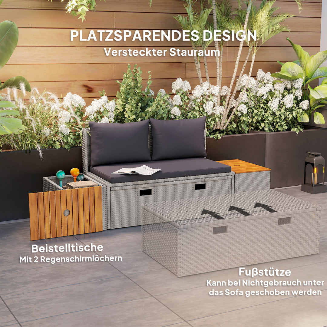Polyrattan liggestol til 2 personer dobbelt liggestol med fodskammel opbevaringshynder 125x114x72,5 cm grå