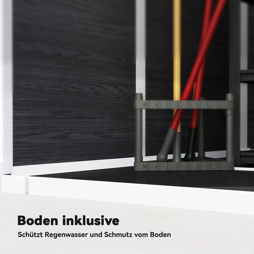 Haveskur 2,89 m², redskabsskur i trælook, 3 vinduer, ventilation, gulv, lås, handsker, 182 x 182 x 196 cm