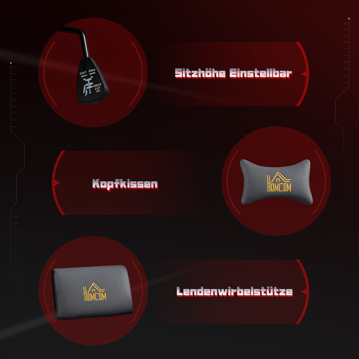 Ergonomisk gamingstol med 3D-armlæn, justerbar, rullende skrivebordsstol med lændestøtte, grå