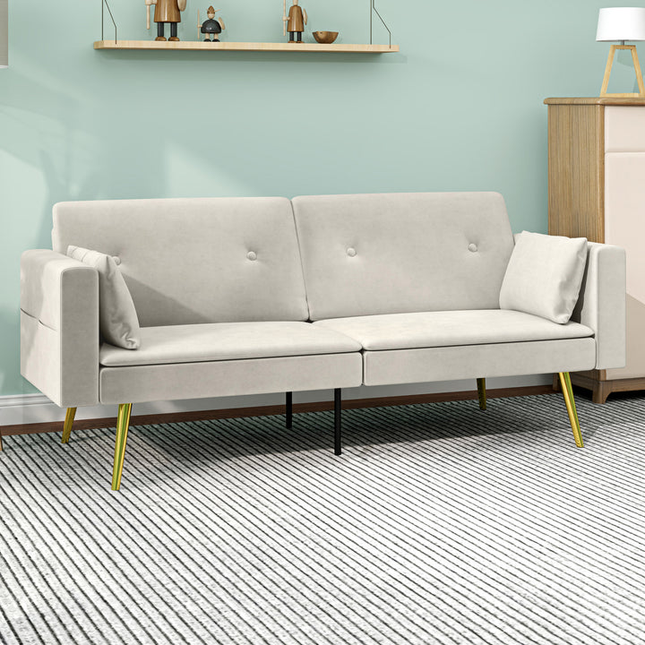 2-Personers sovesofa, justerbar ryglæn, bløde hynder, fløjlsbetræk, til stue, gæsteværelse, beige