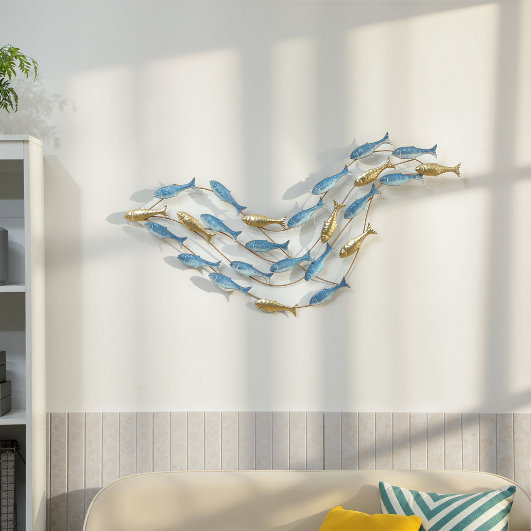 Metalvægkunst, fiskedesign, rustbestandig, moderne stil, elegant, lyseblå