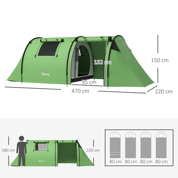 Campingtelt til 3-4 personer, stabilt, vandtæt, familietelt med soveværelse/stue, 3000 mm vandsøjle, mørkegrøn