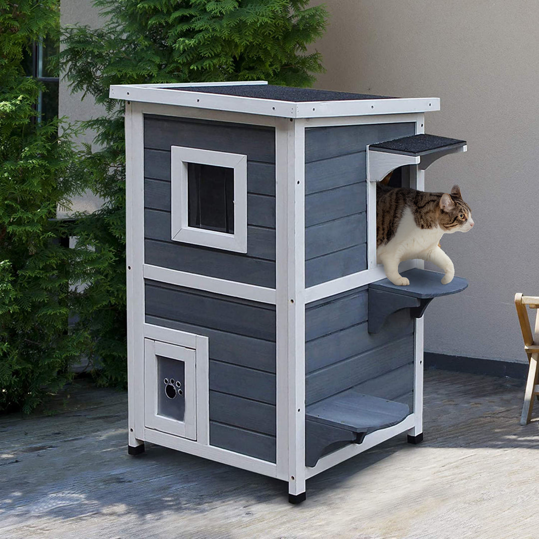 Trækattehus 2 etager vintertæt vandtæt kattehus med asfalttag trappe vindue kattehule udendørs ly til udendørs have balkon 51 x 51 x 81,3 cm grå