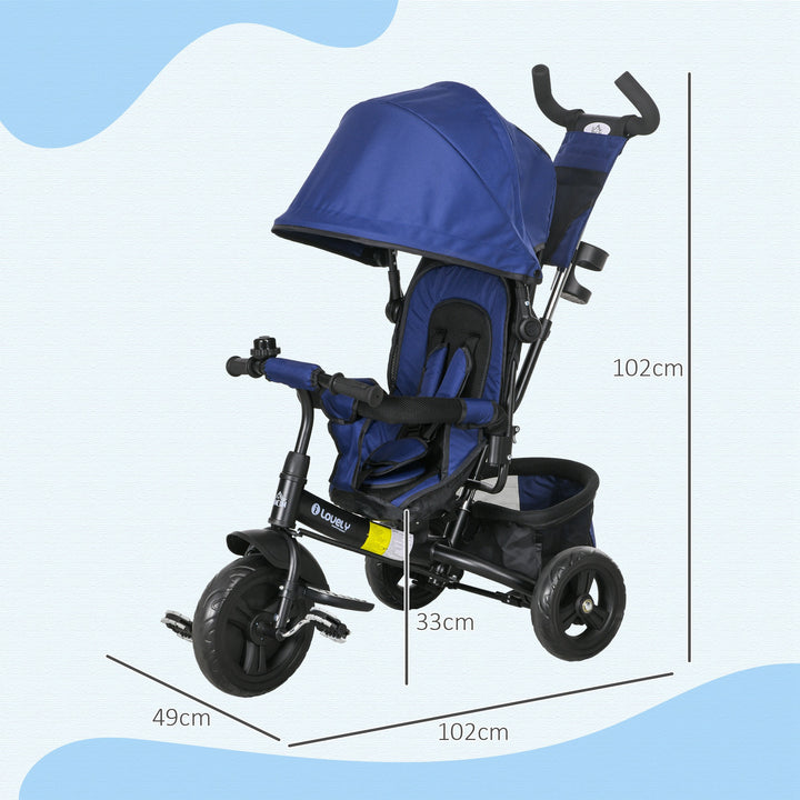 Børnetrecykel, børnecykel, bagkurv, kopholder, solskærm, metal, mørkeblå