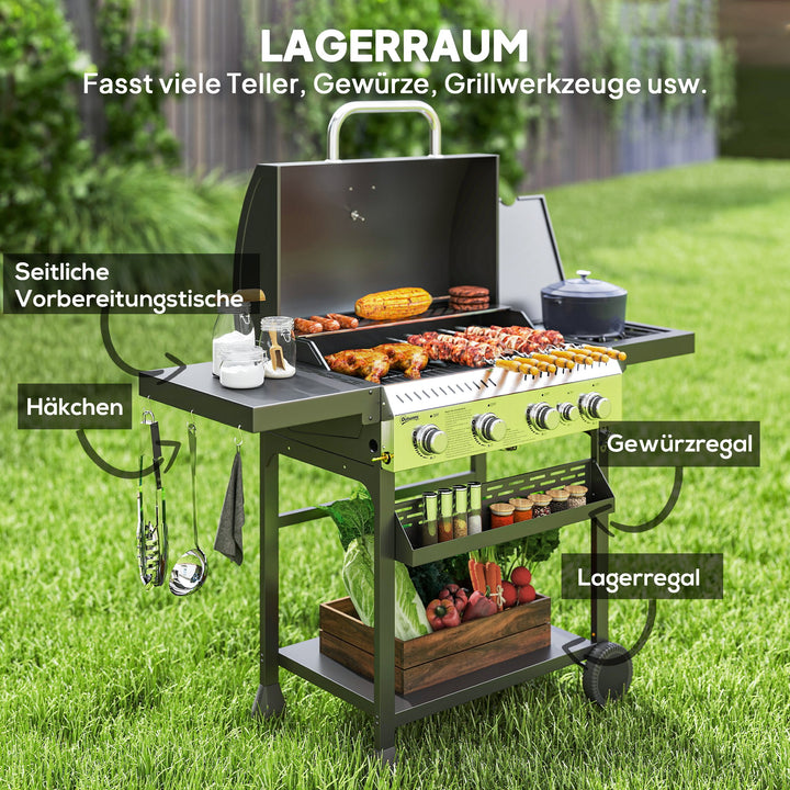 Gasgrill, BBQ-grill, 4 hovedbrændere, 1 sidebrænder, 1 varmeplade; 135 x 55 x 103 cm, sort