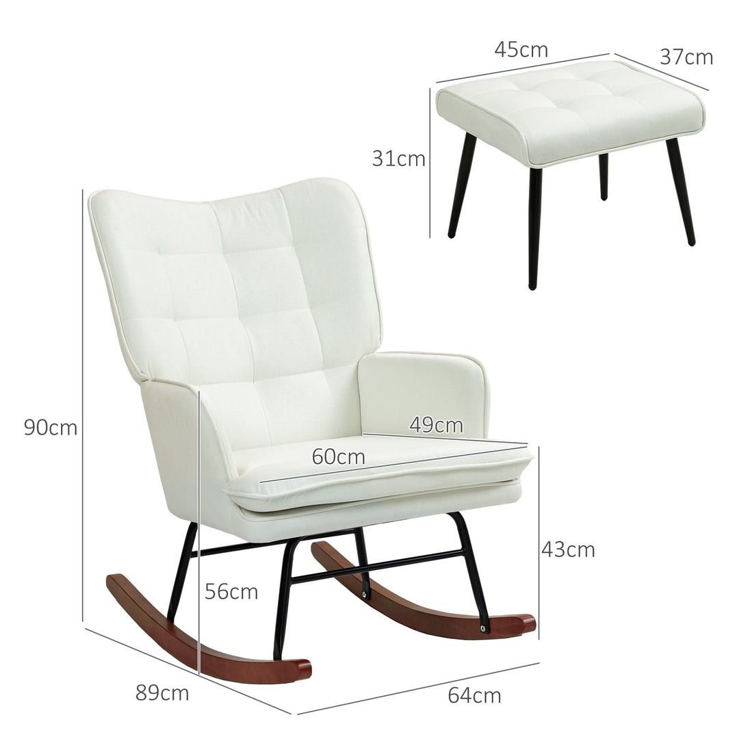 Gyngestol med skammel, blidt gyngesystem, imiteret linned, 64 x 89 x 90 cm, cremehvid