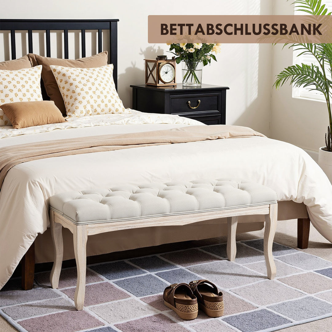 Polstret bænk, sæde, kommode, skobænk, klaverbænk, vintage sengebænk, soveværelse, stue, entre, gummitræ, hør, beige 110 x 40 x 48 cm