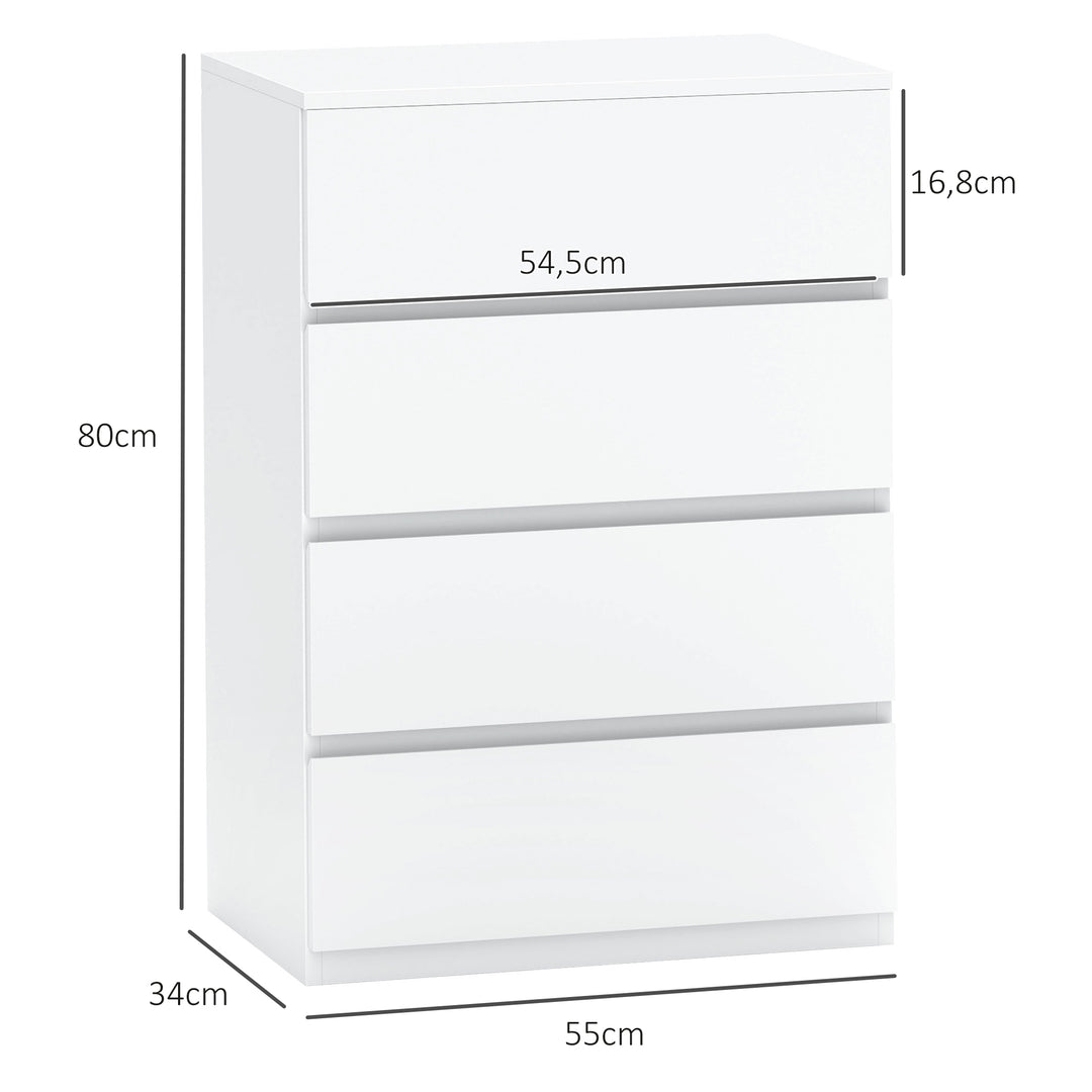 Kommode med skuffer, 4 skuffer, 55 cm x 33 cm x 80 cm, hvid