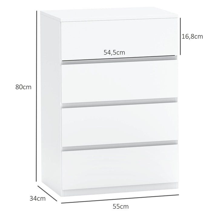 Kommode med skuffer, 4 skuffer, 55 cm x 33 cm x 80 cm, hvid