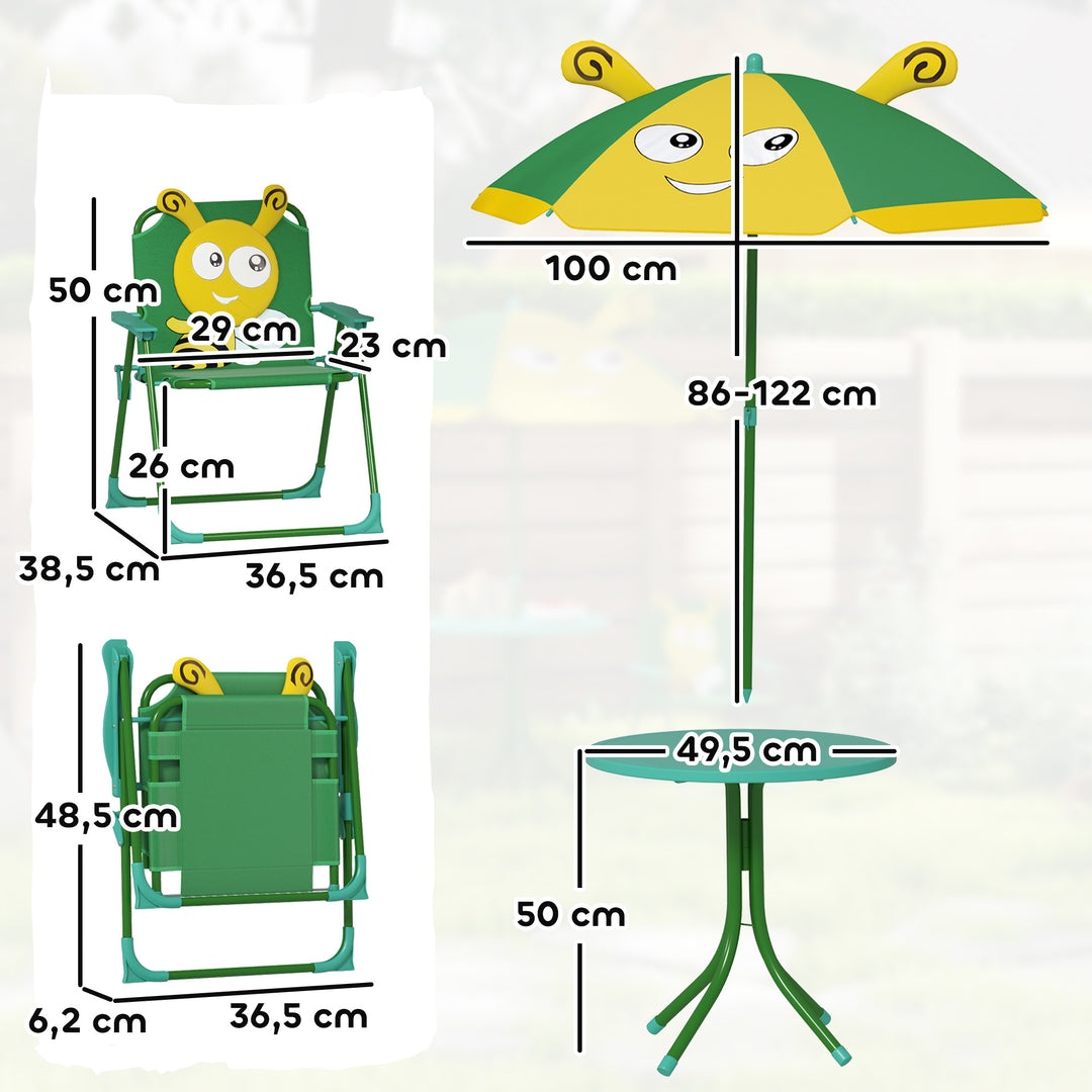 Børnehavemøbelsæt, stole, bord, parasol, bidesign, grøn+gul