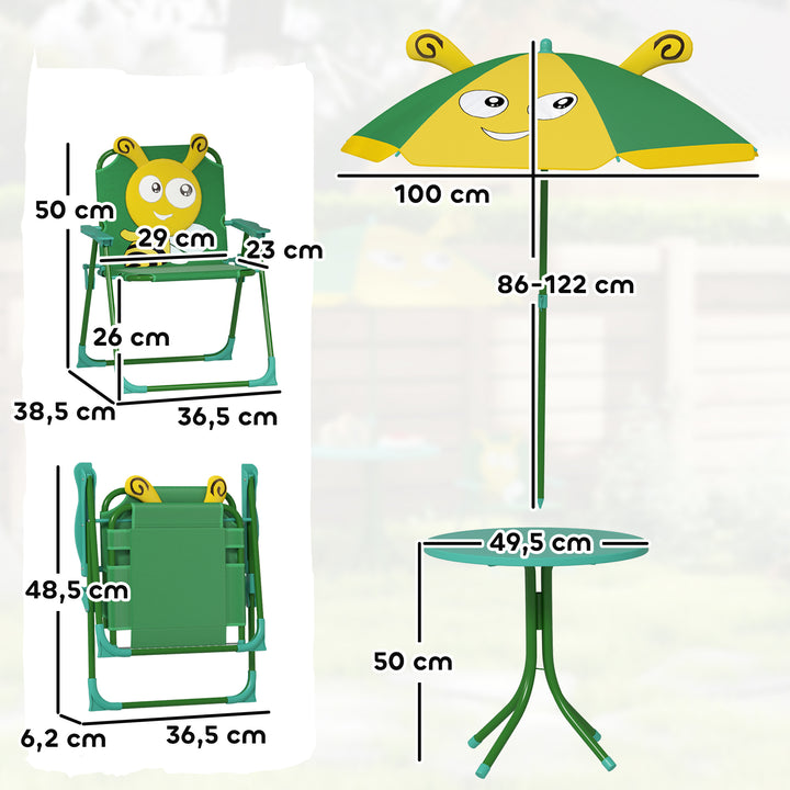 Børnehavemøbelsæt, stole, bord, parasol, bidesign, grøn+gul