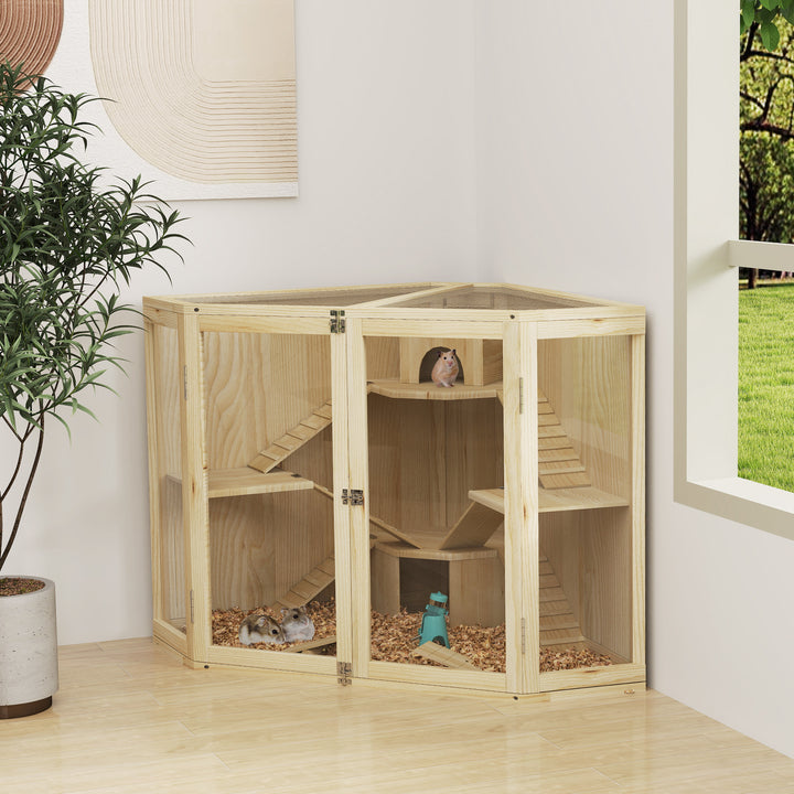 Hamsterbur, 4-etagers design, med foderstation, vippe, rampe, hytter, 115 x 69,5 x 79 cm, træ