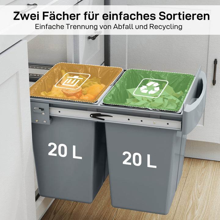 Udtrækkelig affaldsbeholder, 2 x 20 L, aftagelige beholdere, plast, metal, grå