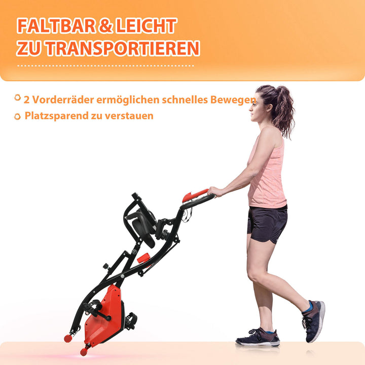 X-bike 2-i-1 motionscykel med lcd-skærm, pulsmåler, foldbar motionscykel med 8 niveauer af magnetisk modstand, 1 par spændereb, stålrød 105 x 48 x 118 cm