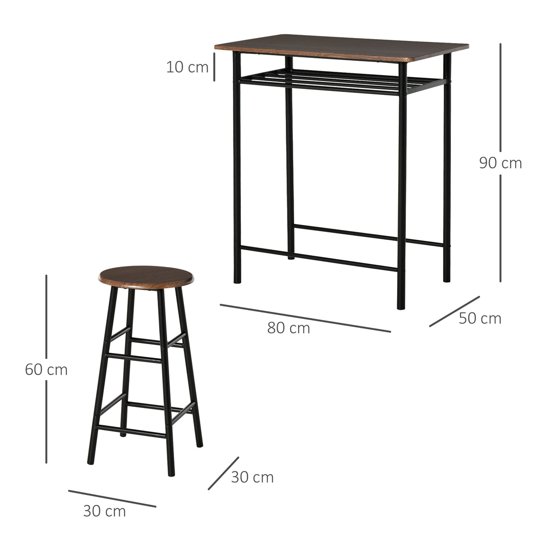 Barsæt, 3 dele, bord og 2 skamler, hylde, industrielt design, sort/eg