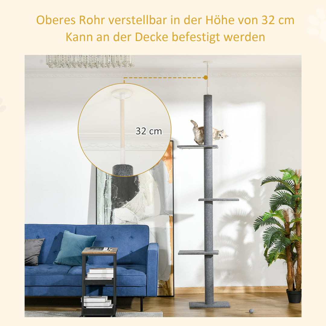 Kradsetræ lofthøjde, 228-260 cm højdejusterbart kradsetræ klatretræ til katte med 3 niveauer, kradsetræ til katte, legetræ fra gulv til loft grå
