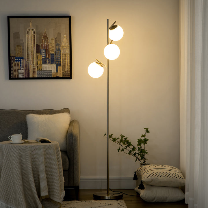 Gulvlampe med 3 glasskærme, e 27, fodkontakt, sølv + hvid
