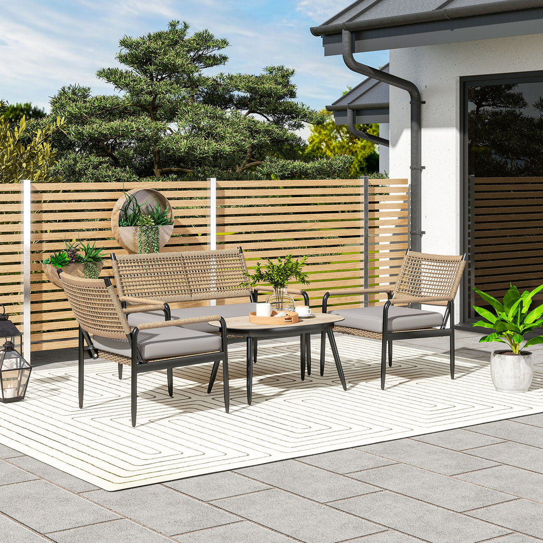 Havemøbelsæt af polyrattan loungesæt med 2-personers sofa, lænestol, glasbord, hynder til 4 personer, mørkegrå + gul