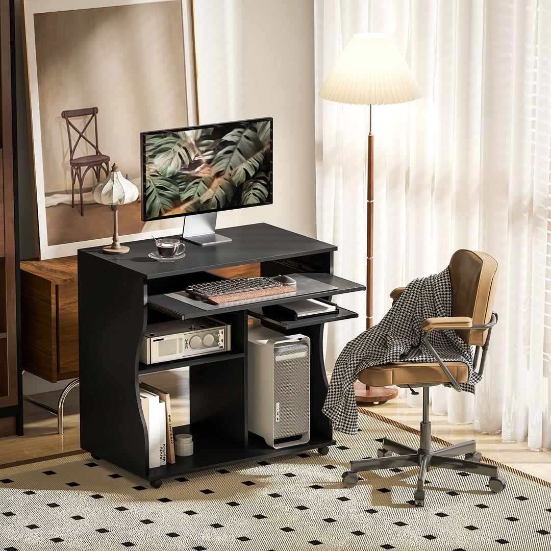 Computerbord med hjul, skrivebord med opbevaring, 80 x 48 x 75 cm, sort